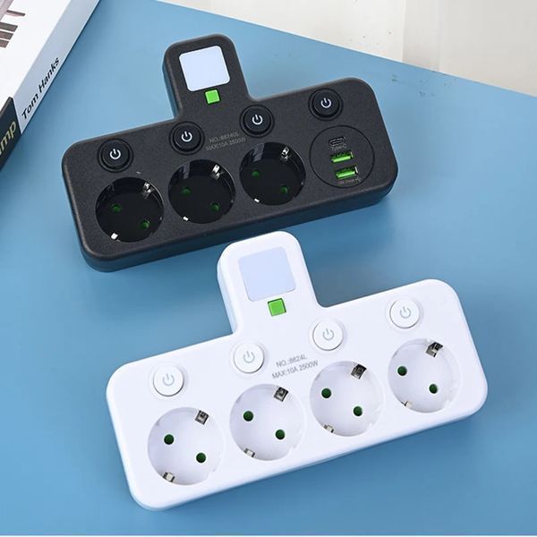 Універсальний перехідник HG-276 2500 Вт з 3 розетками ∙ Трійник з 2 USB + Type C Gtop HG-276 мережевий фільтр з підсвіткою 56870 фото