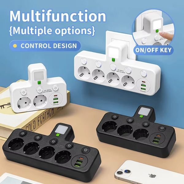 Універсальний перехідник HG-276 2500 Вт з 3 розетками ∙ Трійник з 2 USB + Type C Gtop HG-276 мережевий фільтр з підсвіткою 56870 фото