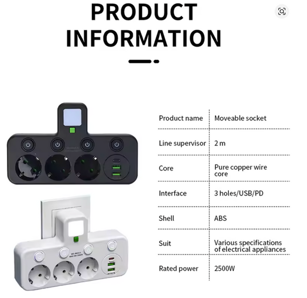 Універсальний перехідник HG-276 2500 Вт з 3 розетками ∙ Трійник з 2 USB + Type C Gtop HG-276 мережевий фільтр з підсвіткою 56870 фото