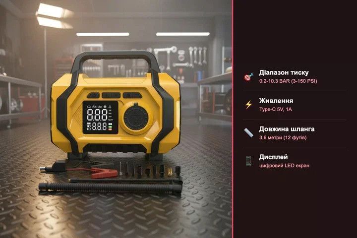 Портативний автомобільний компресор ATJ-201 жовтий &bull; Акумуляторний насос для підкачування шин із цифровим дисплеєм, автовимкненням, Powerbank і зарядкою Type-C для авто, мотоцикла, велосипеда та надувних виробів 57693 фото